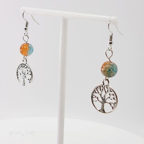 Tree of Life Blue Orange Fire Agate Tibetan Silver Toned Earrings - Picture 1 of 4